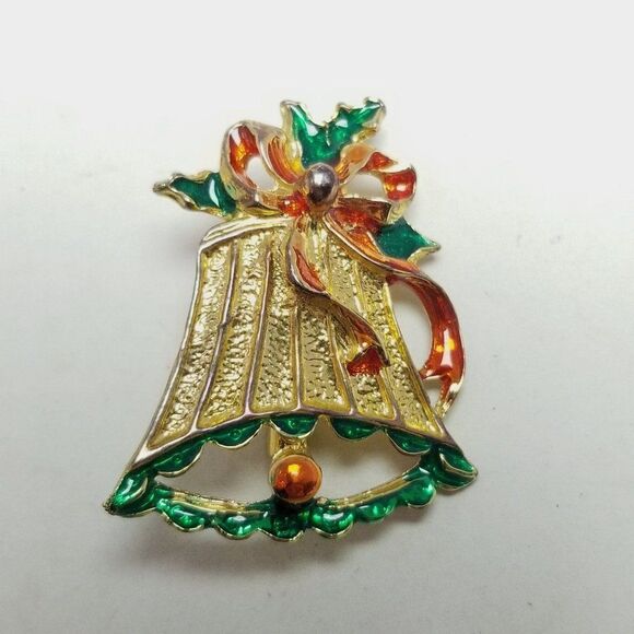 Vintage Christmas Bell Holiday Brooch, Gold Tone Enamel Lapel Pin, Retro Estate - Picture 2 of 6